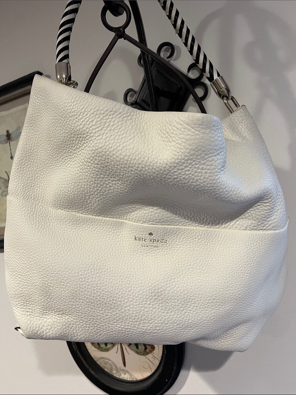 Kate Spade White Pebbled Leather Shoulder Hobo with Striped Handle